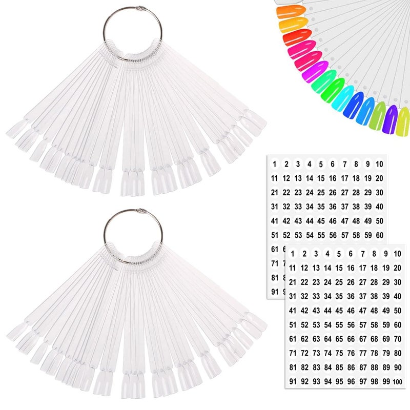 JASSINS 100 Pcs Clear Fan-shaped False Nail Swatch Sticks Nail Polish Practice Display Art Tips Nail Sample Sticks With Metal Split Ring - Image 1